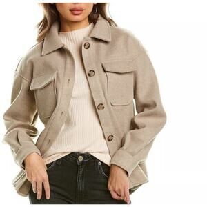 Avec Les Filles Cozy Herringbone Shacket Button Front Brown White Women's Small